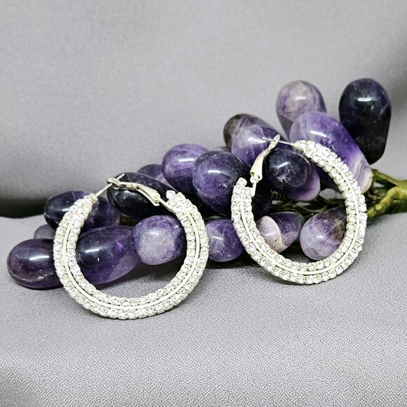 Rhinestone Hoop Earrings, Silver Plated  - 1 3/4" - Picture 3 of 6